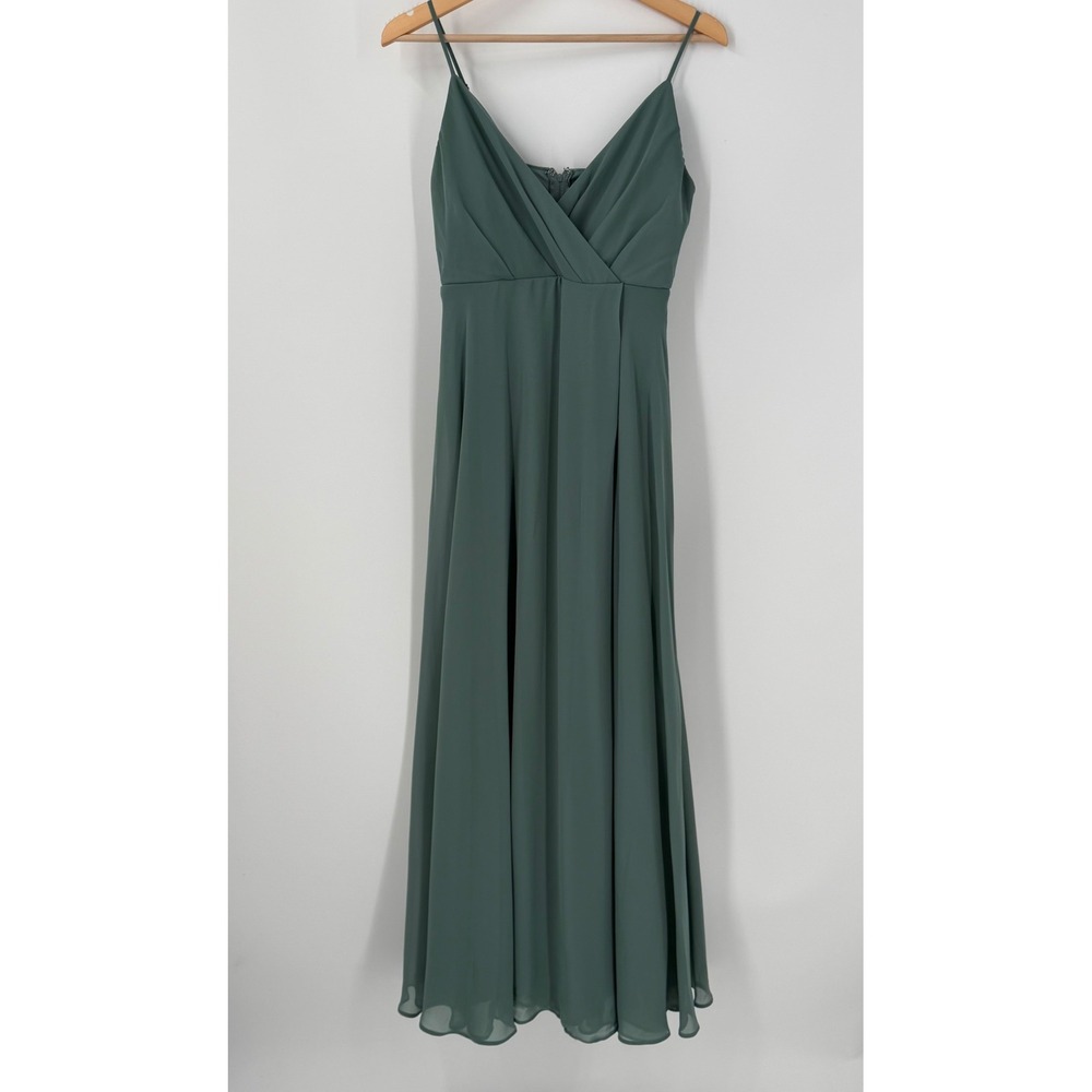 Birdy Grey Sage Green Chiffon Maxi Bridesmaid Dress V-Neck Pockets XS